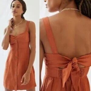 Anthropologie Maeve Linen Tie Back Smocked Dress Rust Brown Boho X small